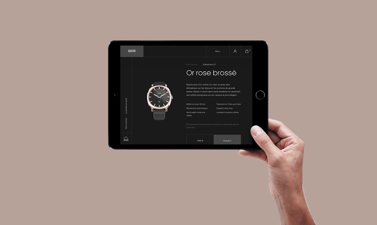 Le site web des montres Apose. Une création de l'agence Mars Rouge en Alsace.