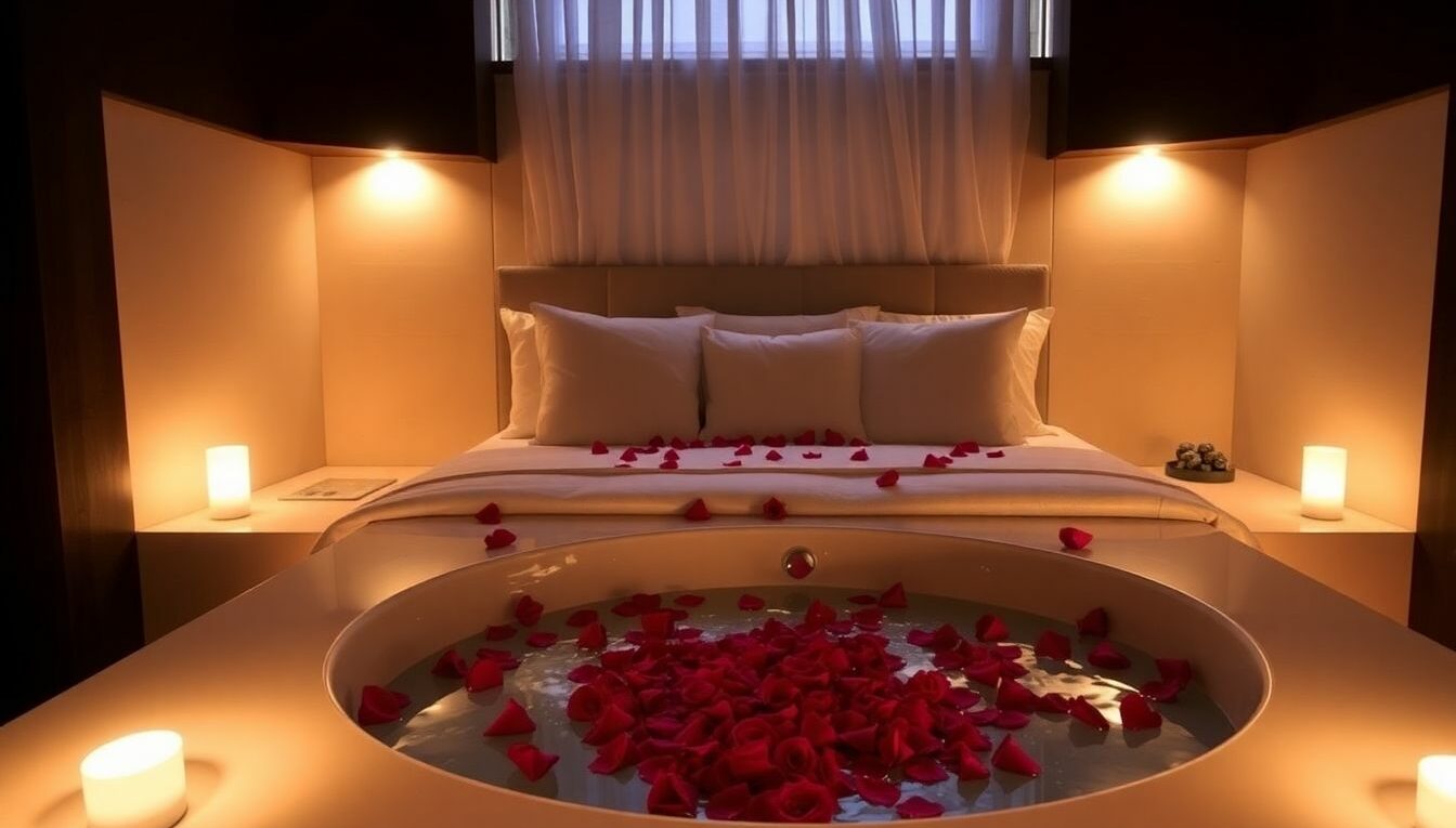 Romantic love room with jacuzzi and rose petals.